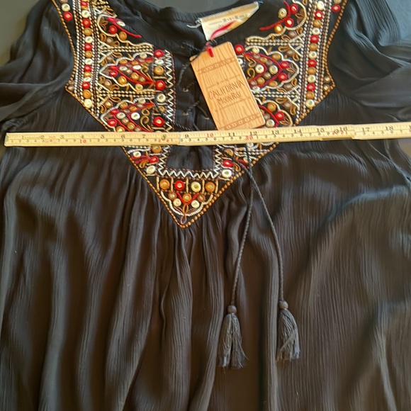 bohemian lace-up/embroidered yoke with mirror/sequin long sleeve/ruffle top-NWT - Picture 9 of 10